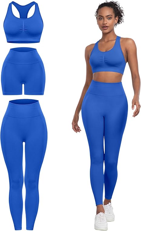3 Piece Workout Sets for Women Butt Lifting Leggings with High Impact Sports Bra Gym Shorts