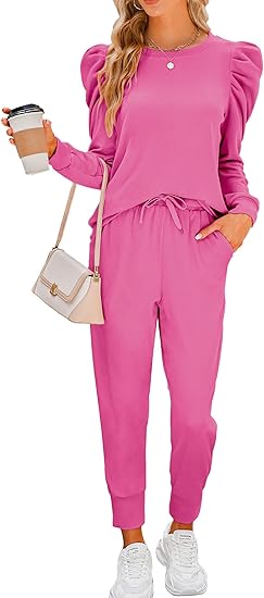 Sweatsuits for Women 2 Piece Outfits Puff Long Sleeve Crewneck Pullover Sweatshirt Jogger Lounge Sets