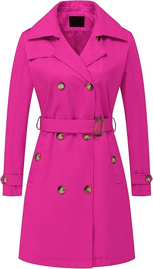 Women's Double Breasted Long Trench Coats Mid-Length Belted Overcoat Dress Jacket with Detachable Hood