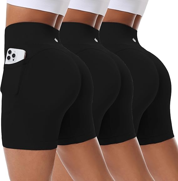 BLUELILY 3 Pack Women's Biker Shorts with Pockets 5" 8" Seamless High Waisted Tummy Control Workout Shorts for Running Gym