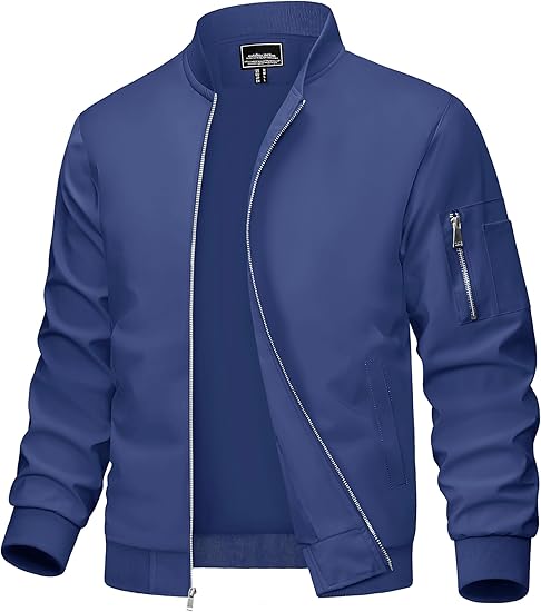 Men's Bomber Jacket Lightweight Casual Windbreaker Spring Fall Zip Up Coat with 5 Pocket