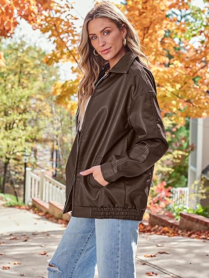 Womens Oversized Leather Jackets Faux Suede Fall Fashion Motorcycle Coats Winter Outfits Clothes Y2k Tops