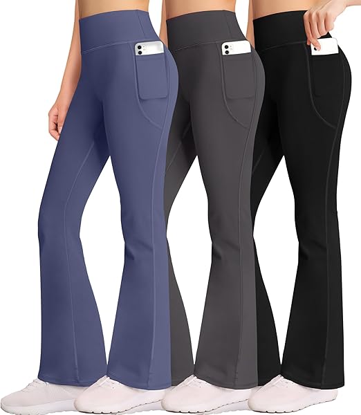 3 Packs Womens High Waist Flare Pants-Flare Yoga Pants，Yoga Pants with Pockets - High Waist and Wide Leg