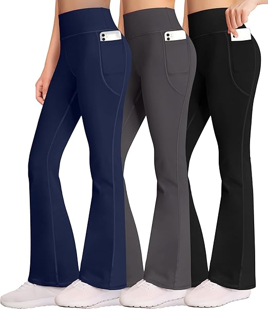 3 Packs Womens High Waist Flare Pants-Flare Yoga Pants，Yoga Pants with Pockets - High Waist and Wide Leg