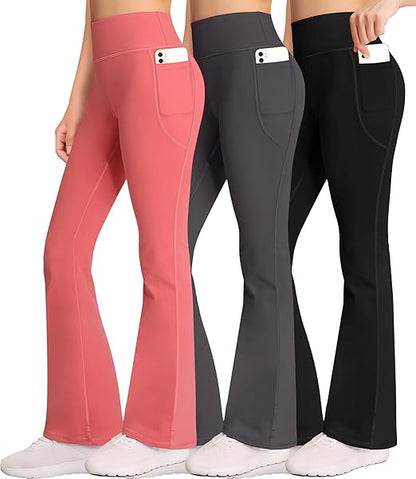 3 Packs Womens High Waist Flare Pants-Flare Yoga Pants，Yoga Pants with Pockets - High Waist and Wide Leg
