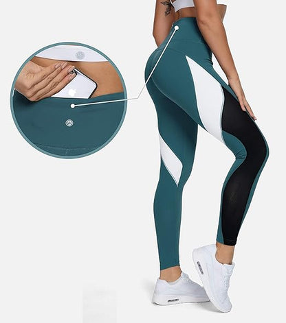 QUEENIEKE Women Yoga Pants Color Blocking Mesh Workout Running Leggings Tights