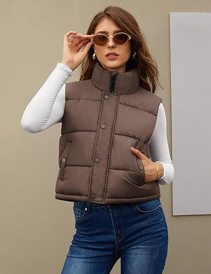 Womens Puffer Vest Sleeveless Puffy Cropped Vests Stand Collar Vest Lightweight Bubble Quilted Vests Trendy 2025