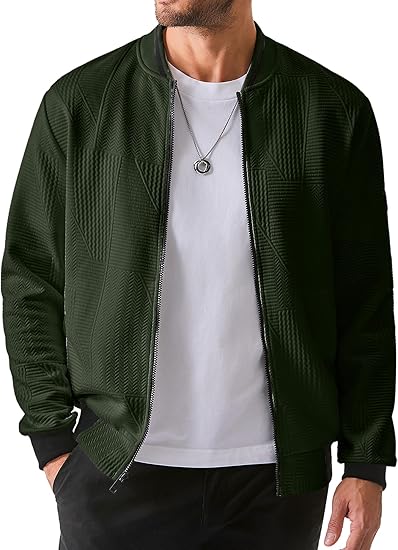 Mens Casual Jacquard Bomber Jackets Color-Block Lightweight Varsity Jacket Fashion Zipper Coat with Pockets