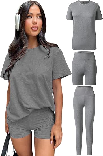 Women's 3 Piece Loungewear Set Soft & Stretchy Loose T Shirt with Shorts & Long Pants