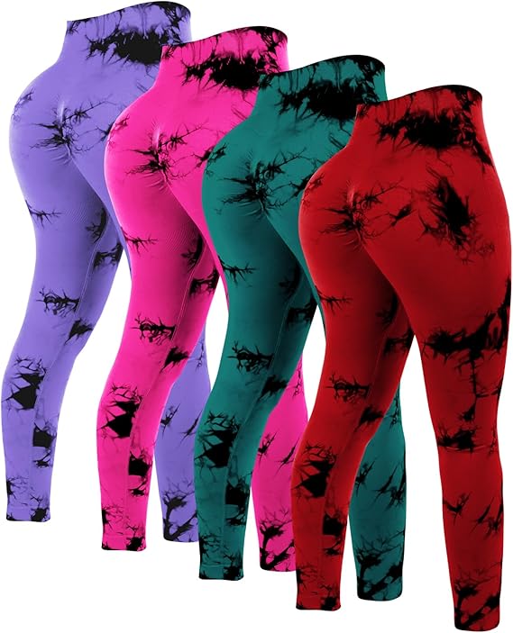 4 Pcs Womens Workout Leggings Tie Dye High Waisted Yoga Pants Seamless Scrunch Butt Lifting Compression Tights