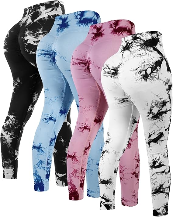 4 Pcs Womens Workout Leggings Tie Dye High Waisted Yoga Pants Seamless Scrunch Butt Lifting Compression Tights