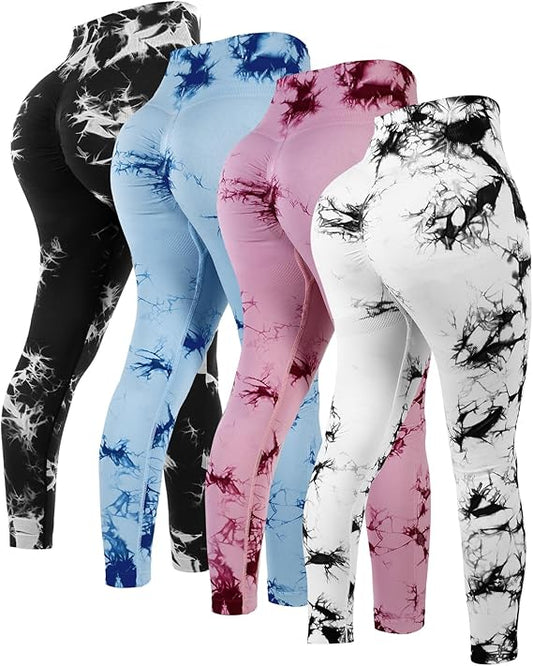 4 Pcs Womens Workout Leggings Tie Dye High Waisted Yoga Pants Seamless Scrunch Butt Lifting Compression Tights
