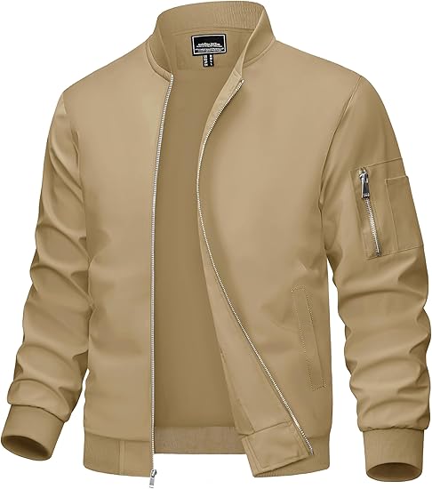 Men's Bomber Jacket Lightweight Casual Windbreaker Spring Fall Zip Up Coat with 5 Pocket