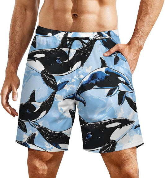 Killer Whale Orca Mens Swim Trunks with Compression Liner Summer Quick Dry Beach Shorts with Pockets