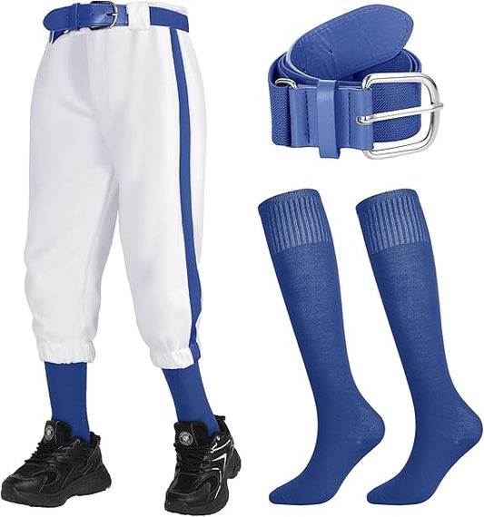 3 Pcs Baseball Combo Set, Knicker Softball Pants, Softball Socks, Baseball Belts for Boys and Girls