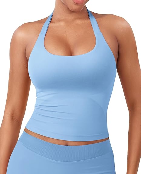 Women's Impact Halter Tank Top Longline Backless Scoop Neck Built-in Bra Sports Workout Gym Crop Top