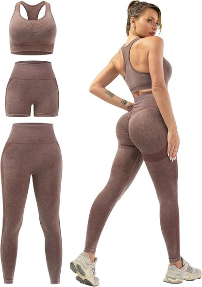 3 Piece Workout Sets for Women Butt Lifting Leggings with High Impact Sports Bra Gym Shorts