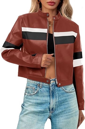 Womens Cropped Moto Biker Jackets Faux Leather Bomber Jacket Color Block Vintage Racing Coats