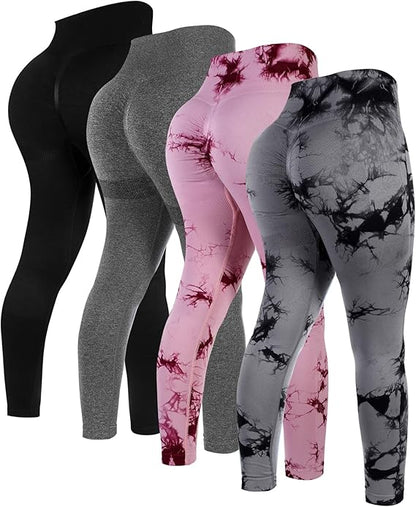 4 Pcs Womens Workout Leggings Tie Dye High Waisted Yoga Pants Seamless Scrunch Butt Lifting Compression Tights