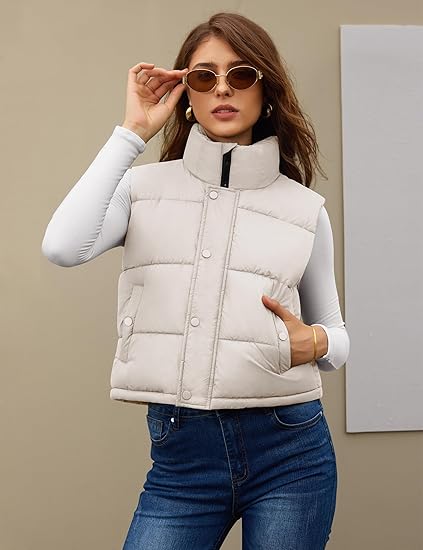Womens Puffer Vest Sleeveless Puffy Cropped Vests Stand Collar Vest Lightweight Bubble Quilted Vests Trendy 2025