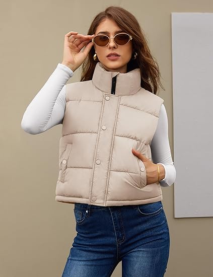 Womens Puffer Vest Sleeveless Puffy Cropped Vests Stand Collar Vest Lightweight Bubble Quilted Vests Trendy 2025