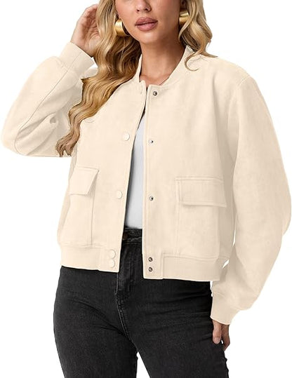 Womens Faux Suede Leather Bomber Jacket Cropped Button Down Long Sleeve Casual Varsity Baseball With Pockets