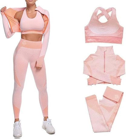 3 Piece Workout Sets for Women–Seamless Workout Sets with Jacket, Sports Bra & High-Waisted Leggings Women’s Gym Set