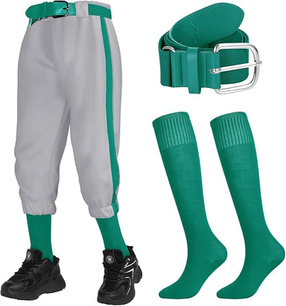 3 Pcs Baseball Combo Set, Knicker Softball Pants, Softball Socks, Baseball Belts for Boys and Girls