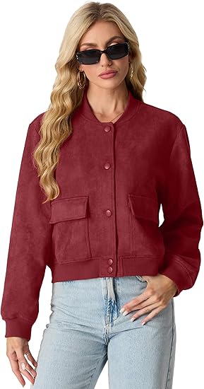 Womens Faux Suede Leather Bomber Jacket Cropped Button Down Long Sleeve Casual Varsity Baseball With Pockets