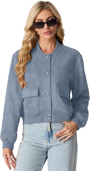 Womens Faux Suede Leather Bomber Jacket Cropped Button Down Long Sleeve Casual Varsity Baseball With Pockets