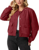 Womens Faux Suede Leather Bomber Jacket Cropped Button Down Long Sleeve Casual Varsity Baseball With Pockets