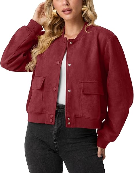 Womens Faux Suede Leather Bomber Jacket Cropped Button Down Long Sleeve Casual Varsity Baseball With Pockets