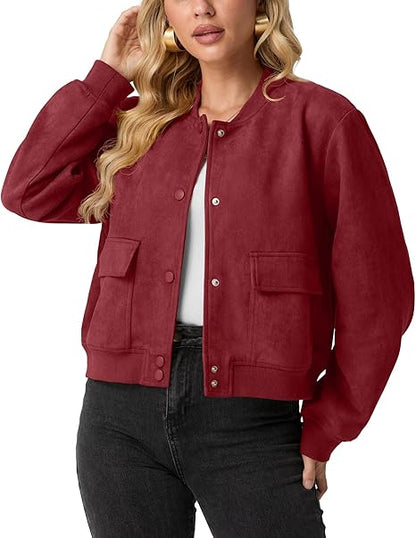 Womens Faux Suede Leather Bomber Jacket Cropped Button Down Long Sleeve Casual Varsity Baseball With Pockets