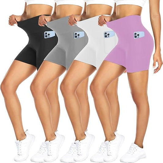 4 Pack Biker Shorts for Women with Pockets – 5" High Waisted Tummy Control Workout Yoga Running Gym Tennis Shorts