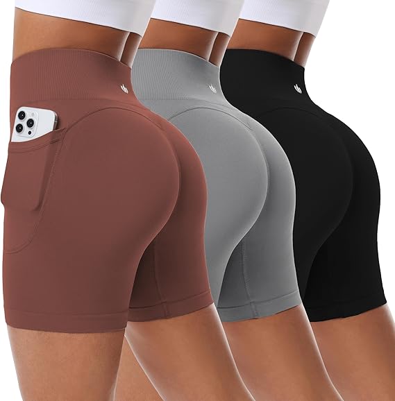 BLUELILY 3 Pack Women's Biker Shorts with Pockets 5" 8" Seamless High Waisted Tummy Control Workout Shorts for Running Gym