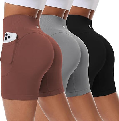 BLUELILY 3 Pack Women's Biker Shorts with Pockets 5" 8" Seamless High Waisted Tummy Control Workout Shorts for Running Gym