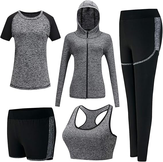 5pcs Workout Outfits for Women Athletic Sets Sport Suits Yoga Gym Fitness Exercise Clothes Jogging Tracksuits