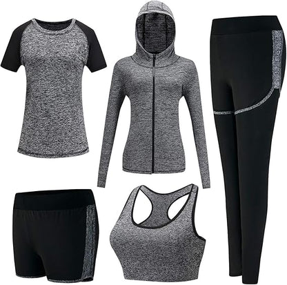 5pcs Workout Outfits for Women Athletic Sets Sport Suits Yoga Gym Fitness Exercise Clothes Jogging Tracksuits