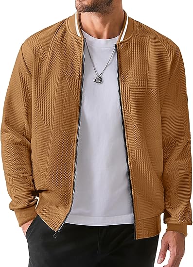 Mens Casual Jacquard Bomber Jackets Color-Block Lightweight Varsity Jacket Fashion Zipper Coat with Pockets