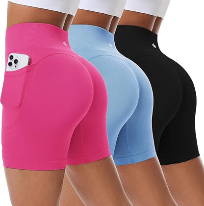 BLUELILY 3 Pack Women's Biker Shorts with Pockets 5" 8" Seamless High Waisted Tummy Control Workout Shorts for Running Gym