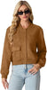 Womens Faux Suede Leather Bomber Jacket Cropped Button Down Long Sleeve Casual Varsity Baseball With Pockets