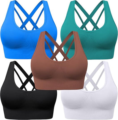 BLUELILY Sports Bras for Women Padded Adjustable Deep V Neck Bra Seamless Spaghetti Strap Criss Cross Light Impact Yoga Bras