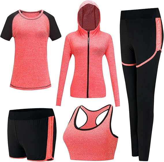 5pcs Workout Outfits for Women Athletic Sets Sport Suits Yoga Gym Fitness Exercise Clothes Jogging Tracksuits
