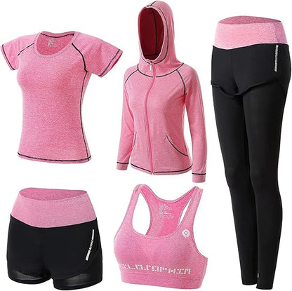 5pcs Workout Outfits for Women Athletic Sets Sport Suits Yoga Gym Fitness Exercise Clothes Jogging Tracksuits