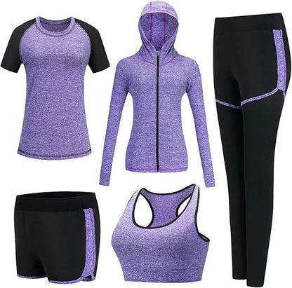 5pcs Workout Outfits for Women Athletic Sets Sport Suits Yoga Gym Fitness Exercise Clothes Jogging Tracksuits