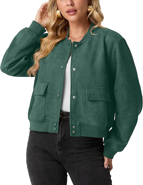 Womens Faux Suede Leather Bomber Jacket Cropped Button Down Long Sleeve Casual Varsity Baseball With Pockets