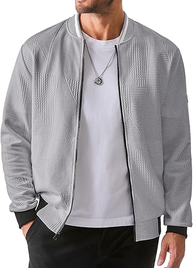 Mens Casual Jacquard Bomber Jackets Color-Block Lightweight Varsity Jacket Fashion Zipper Coat with Pockets