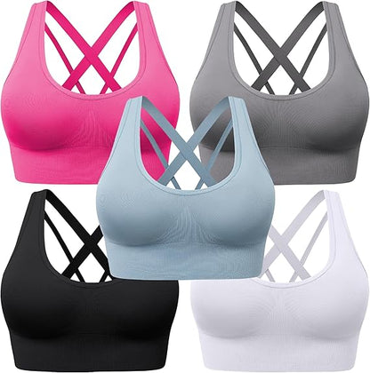 BLUELILY Sports Bras for Women Padded Adjustable Deep V Neck Bra Seamless Spaghetti Strap Criss Cross Light Impact Yoga Bras