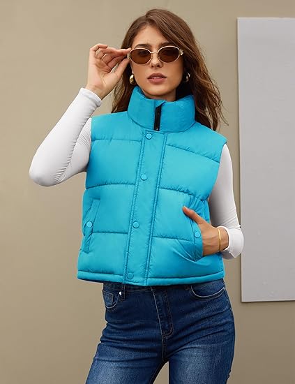 Womens Puffer Vest Sleeveless Puffy Cropped Vests Stand Collar Vest Lightweight Bubble Quilted Vests Trendy 2025