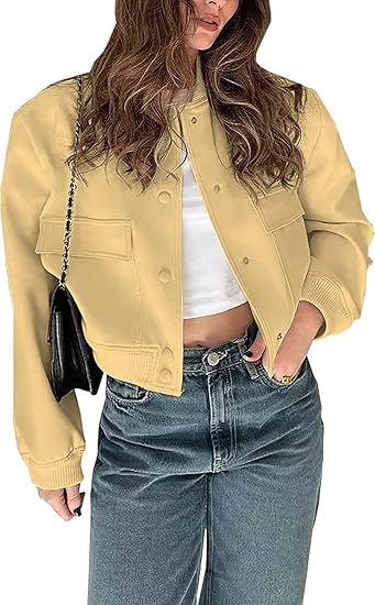 Womens Cropped Bomber Jacket Button Down Varsity Jackets Shackets with Pockets